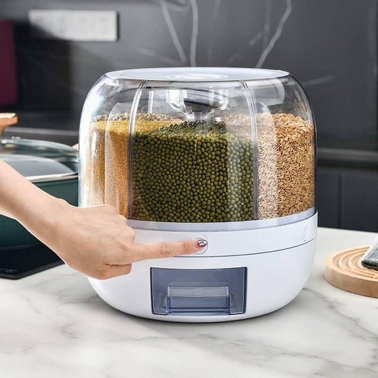 6-Grid Rotating Food Dispenser - Rice Bucket Storage Tank