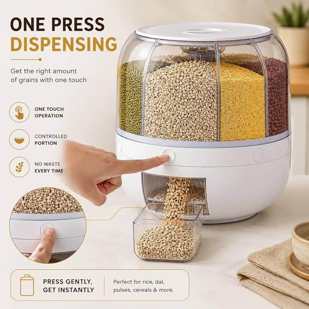 6-Grid Rotating Food Dispenser - Rice Bucket Storage Tank